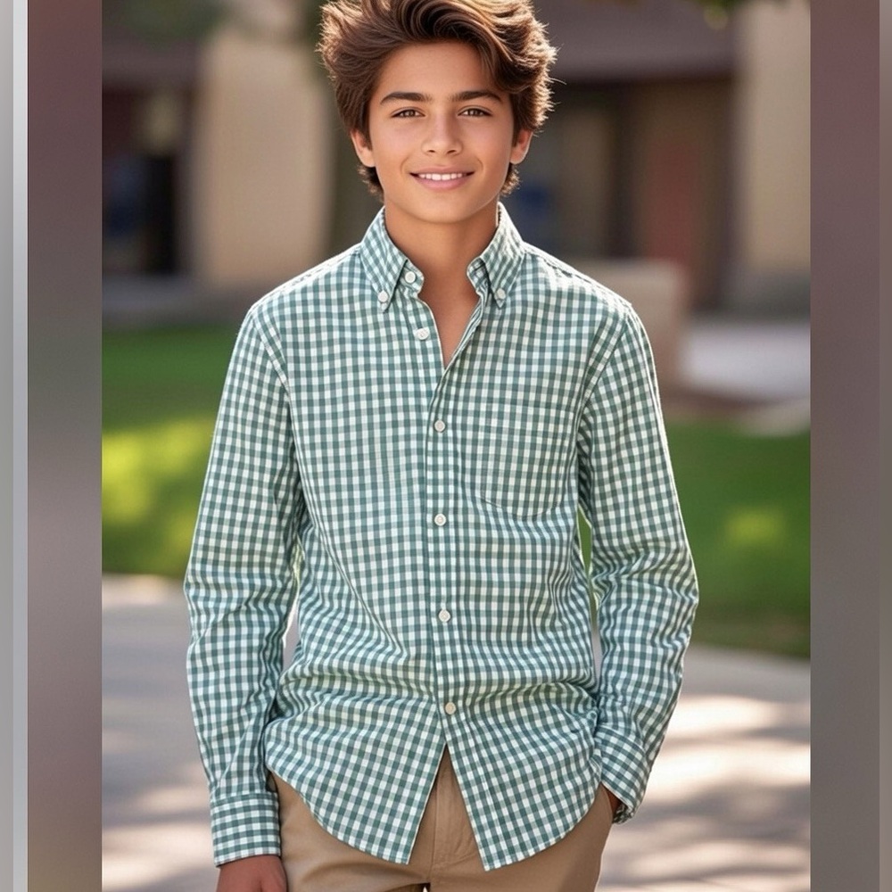 Crewcuts Mint Green Gingham Checkered Boys Youth Dress Shirt Long Sleeve Easter